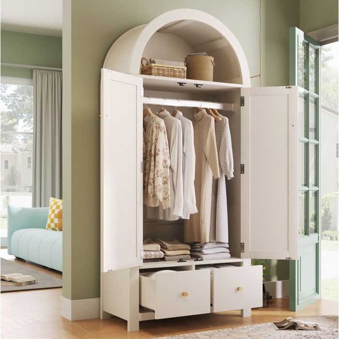 Armoire penderie 78x45x181 cm 2 portes 2 tiroirs avec tringle et détails rotin bois blanc style campagne