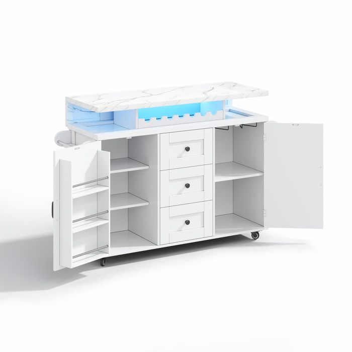 Desserte de Cuisine Blanche avec LED Bluetooth et Plan Marbrure - Îlot de Cuisine Mobile avec Table Rabattable et Porte-Verres