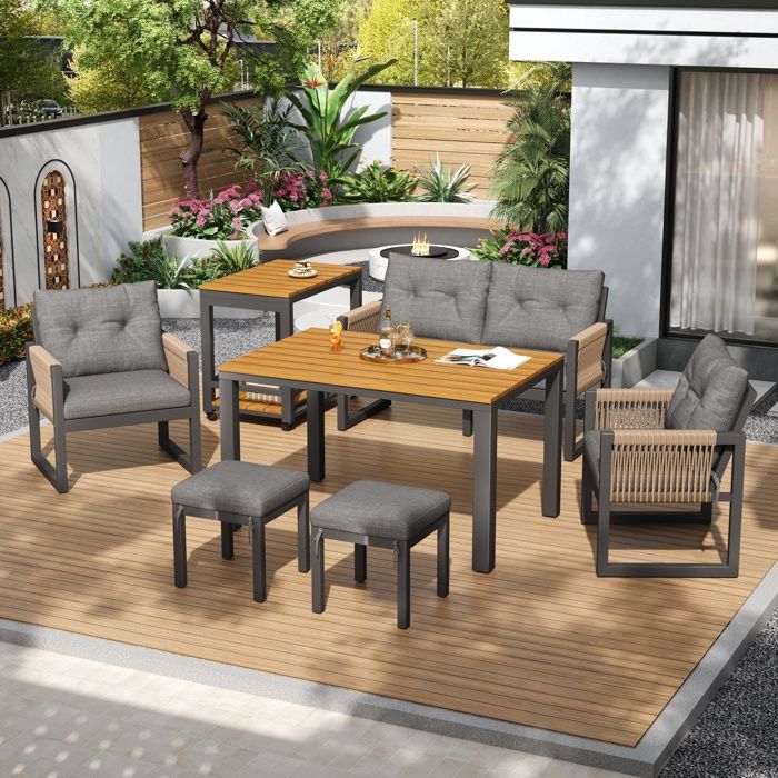 Ensemble Salon de Jardin Moderne avec Canapés 2 Places 2 Feutauil 2 Table+2 Tabouret Structure en Fer Multifonctionnelle Gris
