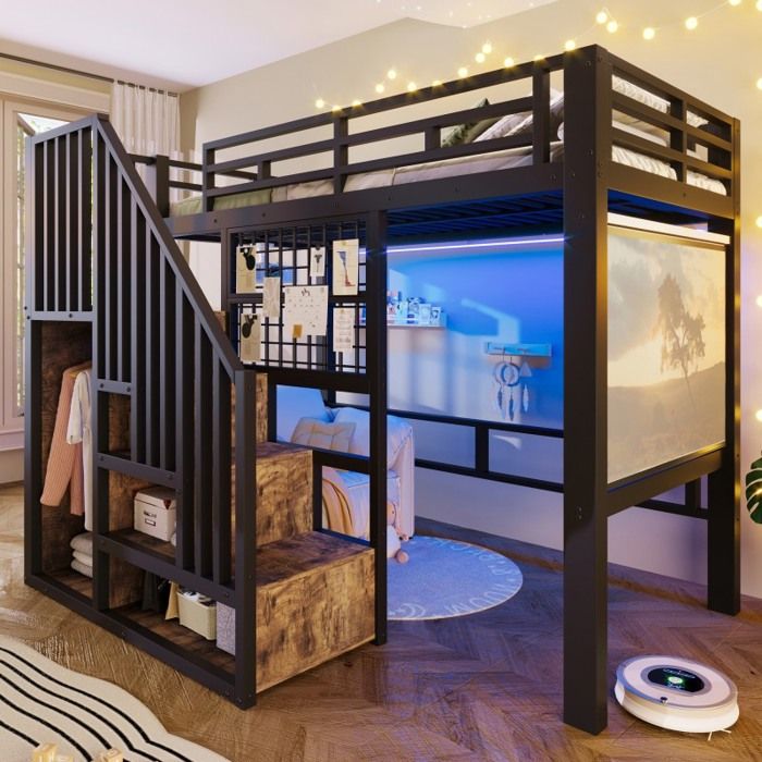 Lit mezzanine en fer 90x200cm avec escalier de rangement grille support projecteur éclairage LED sans matelas Noir