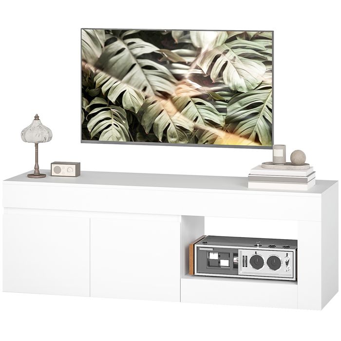 Meuble TV - HOMCOM - 2 portes à fermeture douce et compartiment ouvert - panneau de particules - 140x40x48cm - blanc