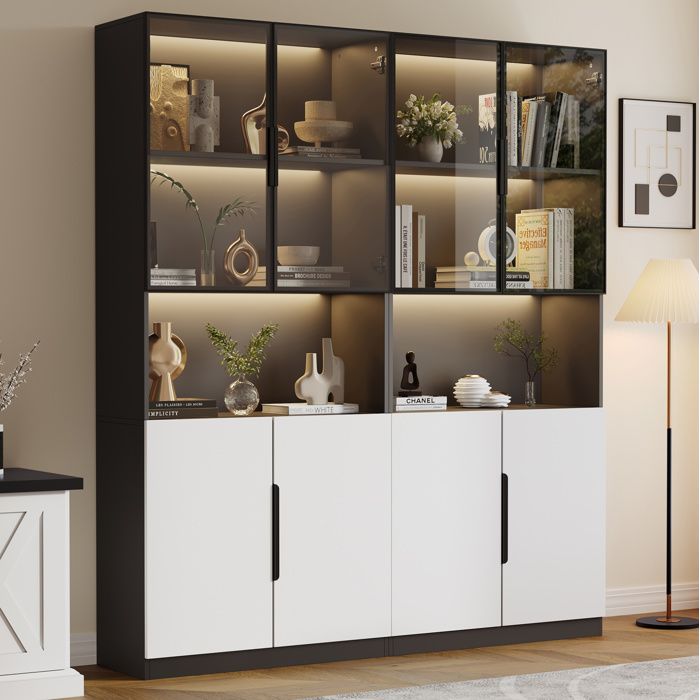 ROVRYN Vitrine LED 160 x 30 x 200 cm portes en verre rangement blanc et noir