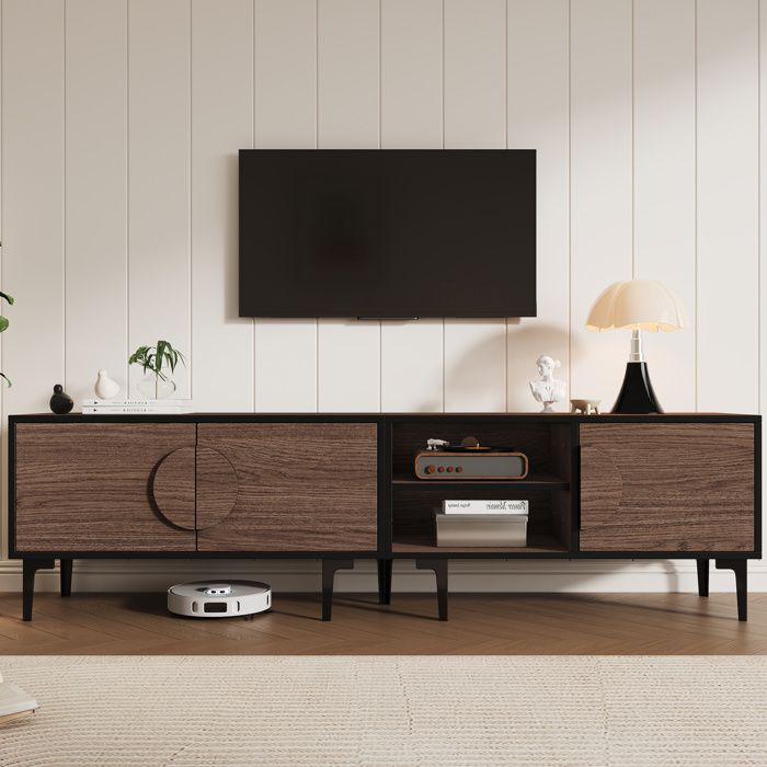 ROVRYN Meuble TV 180 cm avec 3 portes et 2 niches ouvertes décor noyer foncé et cadre noir