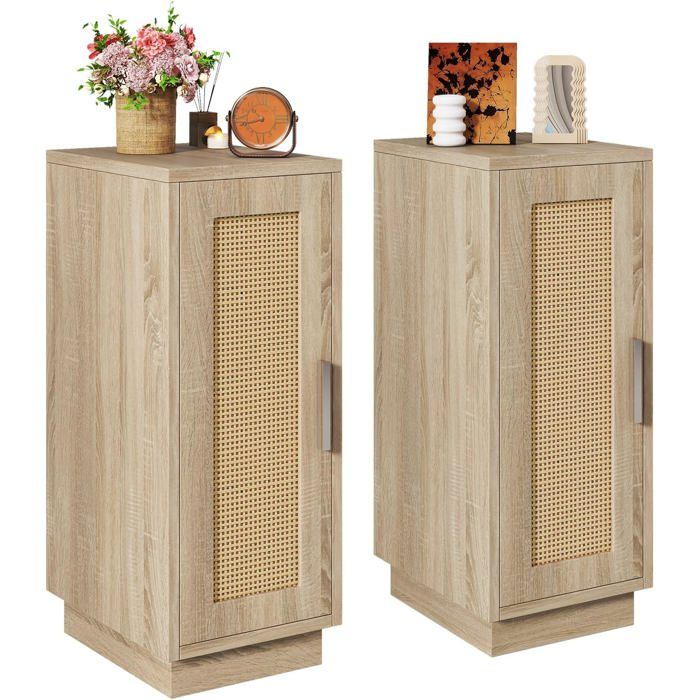 Wns014N-2 Lot De 2 Tables De Chevet En Rotin Avec 2 Compartiments Table DAppoint Étroite Et Peu Encombrante Pour Chambre À [CA28]