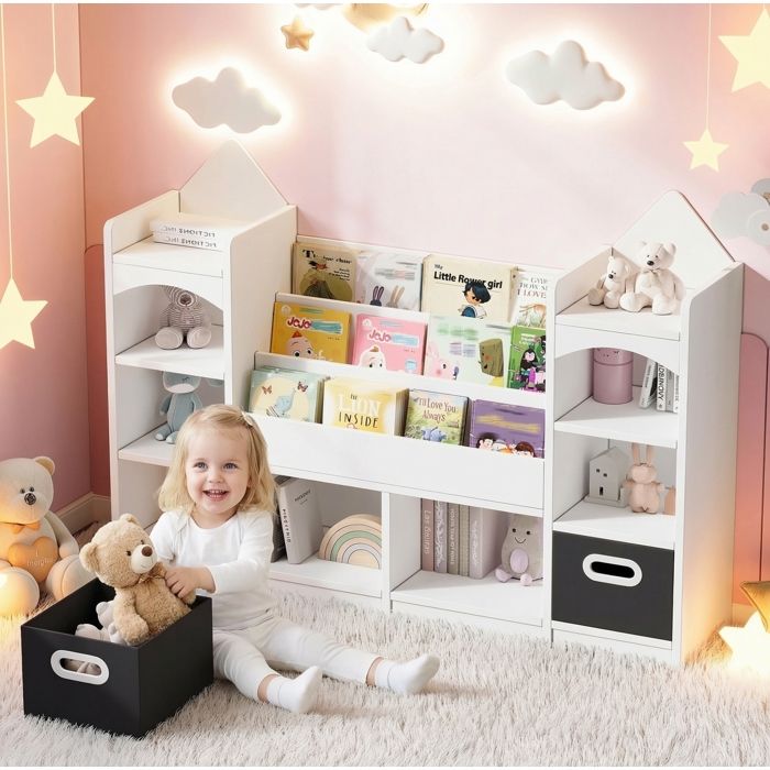 Modenuit bibliothèque enfant 130 x 30 x 90 cm avec 2 boîtes pliables meuble de rangement blanc en MDF