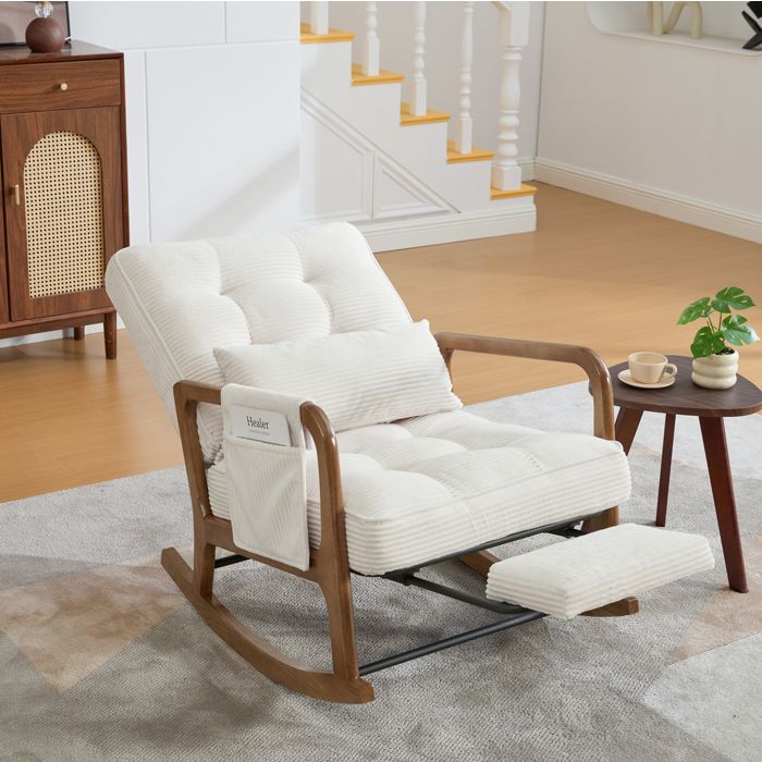 Fauteuil à bascule velours côtelé beige repose-pieds poches latérales pour salon chambre et chambre denfant