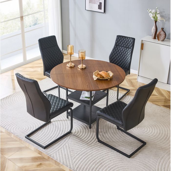 WUVRIE Set table a manger ronde 107 cm avec 4 chaises noires double rangement MDF et metal