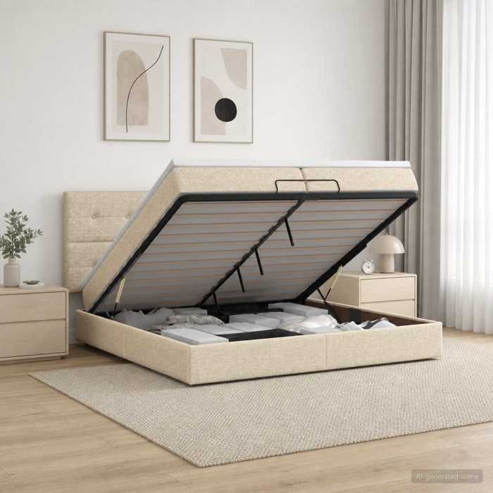 vidaXL Lit ottoman avec matelas Crème 200 x 200 cm Tissu 3457520 vidaXL Lit ottoman avec matelas Crème 200 x 200 cm Tissu 3457520
