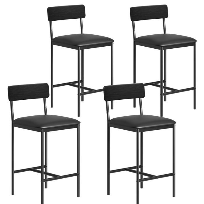 Lot de 4 tabourets de bar avec dossier : assise rembourrée en simili-cuir repose-pieds pour cuisine et salle à manger noir