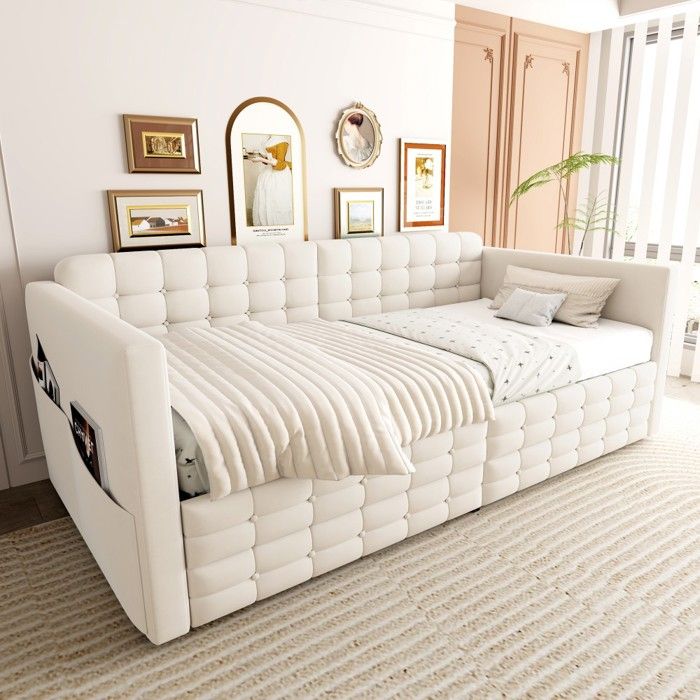 Canapé-lit capitonné velours beige 90x190cm lit dappoint 2 tiroirs rangement latéral motif carreaux sans matelas Canapé-lit capitonné velours beige 90x190cm lit dappoint 2 tiroirs rangement latéral motif carreaux sans matelas