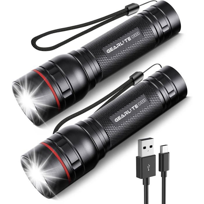 Lampe Torche Led Rechargeable 2 Pièces 2000 Lumens Lampe De Poche Rechargeable Avec 3 Modes Zoomable Ip65 Étanche Mini Lampe Torch