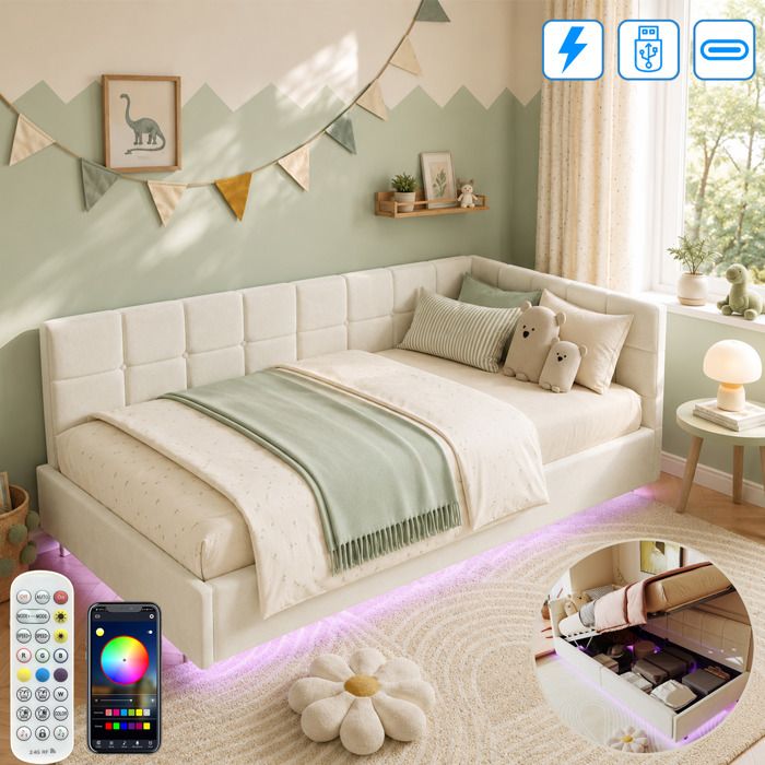 Lit Coffre Enfant 90x200 avec Éclairage LED RGB - Charge USB et type C - Rangement hydraulique - Canapé Lit Une Place - 1 Personne