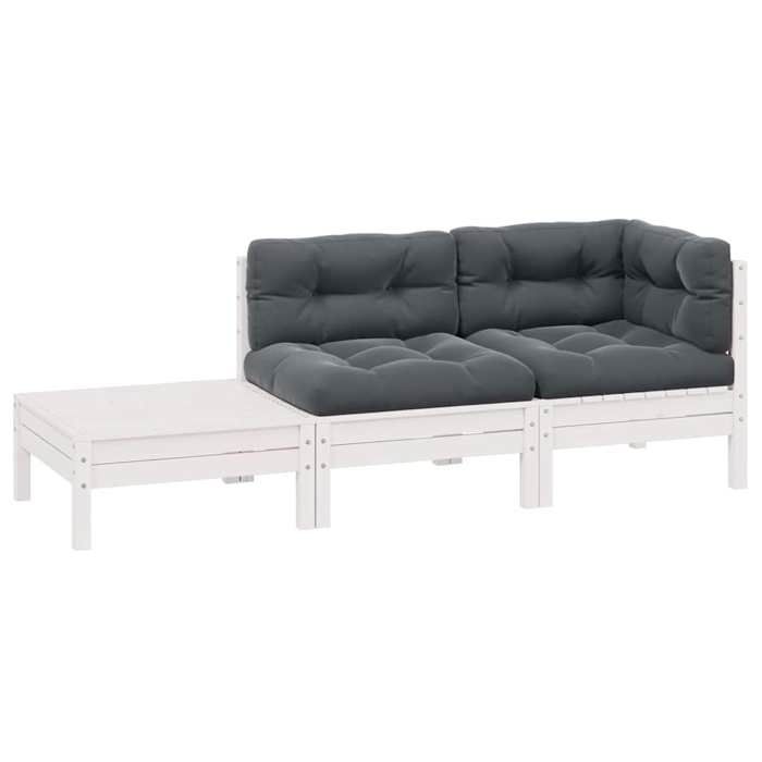 Salon de jardin (lot de 3) Design modulaire avec coussins Blanc Bois de pin massif - Petit canapé balcon LL2331