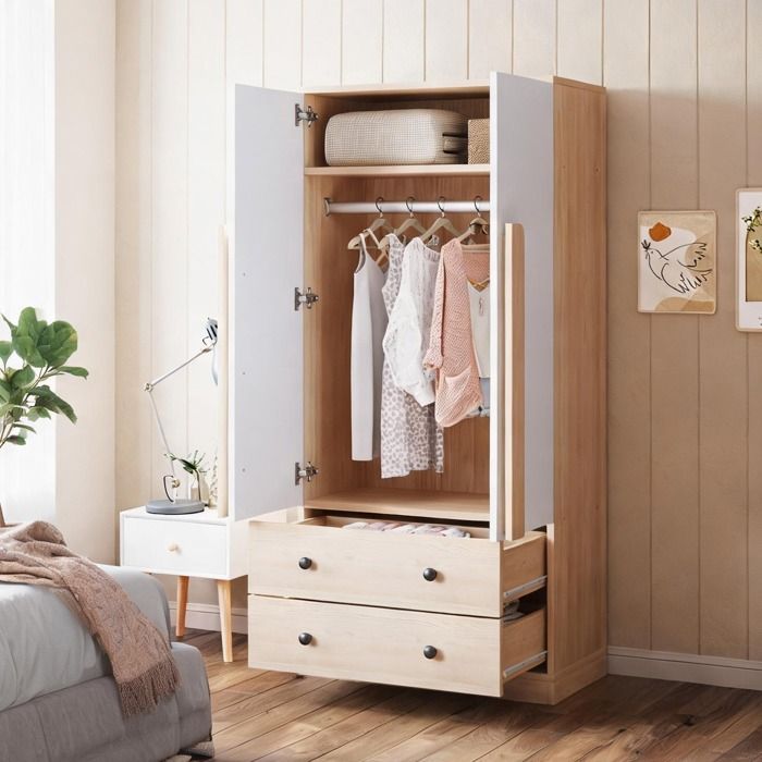 Armoire penderie double porte en bois naturel et blanc avec tiroir et étagères 70x40x170 cm rangement adulte