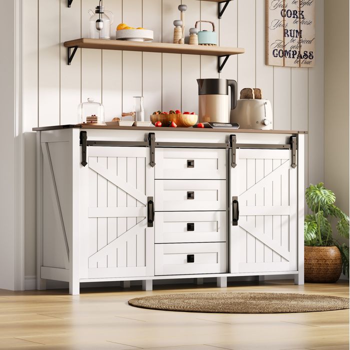 Buffet bas sideboard 137 cm blanc portes coulissantes 4 tiroirs MDF style vintage meuble de rangement VEVXYN
