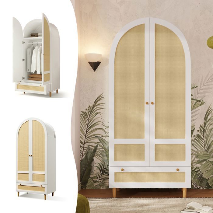 Armoire Penderie 80x50x180 cm avec 2 Portes en Rotin Tringle et 1 Tiroir Design Arqué - Blanc