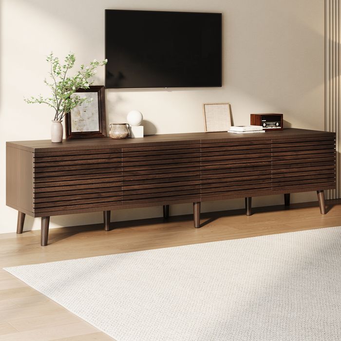 Meuble TV Noyer 180 cm pour Écran 75 Pouces Banc TV Scandinave 4 Portes à Lattes Grand Rangement avec Passe-Câbles