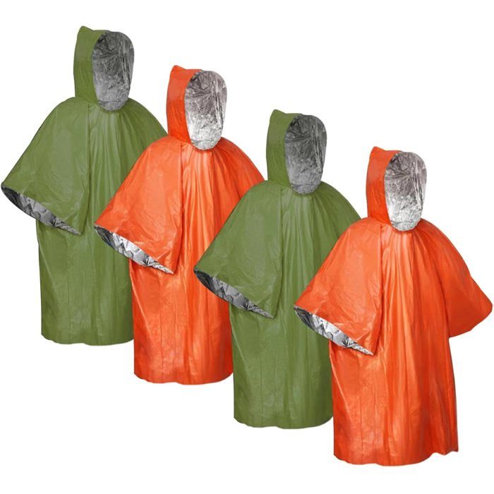 4PCS Poncho de Survie durgence avec CapuchePoncho Pluie Imperméable Sac de Couchage durgence Couverture Thermique en