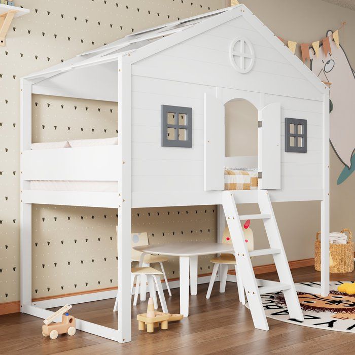 Lit cabane enfant 90x200 avec rangement fenêtres grises et escalier sécurisé