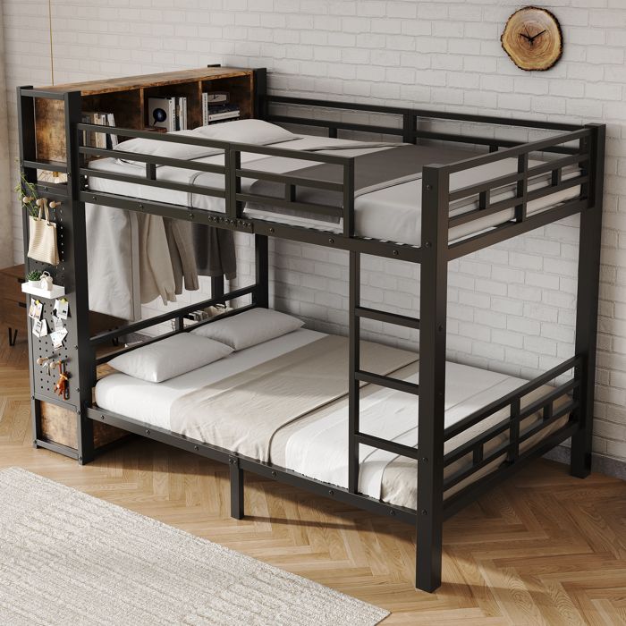 Lit superposé en métal 120 x 200 cm avec rangements tringle tiroir panneau perforé et étagères ouvertes Cadre de lit pour adulte