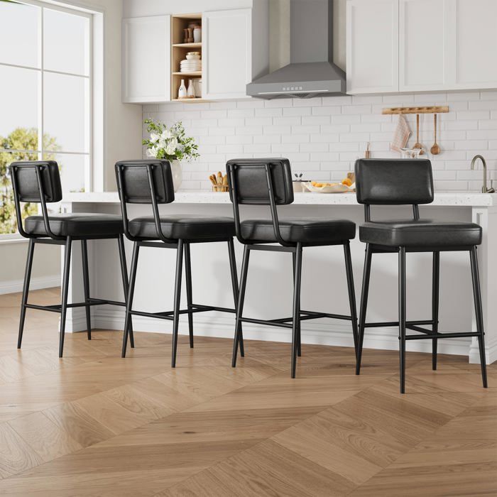 Lot de 4 tabourets de bar de 66 cm en simili cuir noir à hauteur de comptoir avec dossier bar à domicile salle à manger