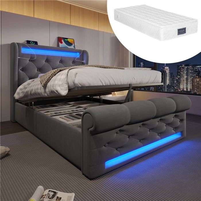 Pack chambre lit double 180x200 velours beige avec chevets tiroirs LED USB et ensemble mobilier adulte complet Pack chambre lit double 180x200 velours beige avec chevets tiroirs LED USB et ensemble mobilier adulte complet