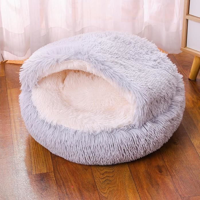 Panier Chat,Panier pour Chien,Semi-fermé,Coussin Apaisant pour Chat,Panier Moelleux pour Chat et Chien,XL-80cm,Gris Claire