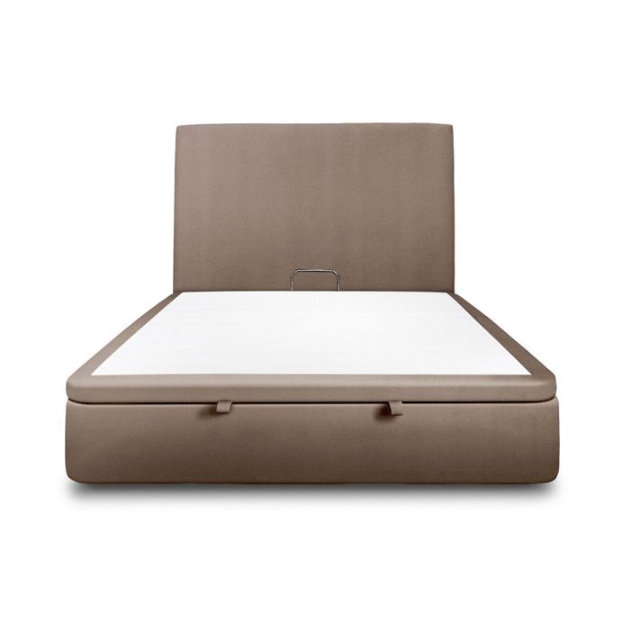 Lit coffre 180x200cm avec tête de lit tapissier Velours Taupe - Hauteur totale : 39cm - Sommier en bois massif avec Pieds bois 10 cm Lit coffre 180x200cm avec tête de lit tapissier Velours Taupe - Hauteur totale : 39cm - Sommier en bois massif avec Pieds bois 10 cm