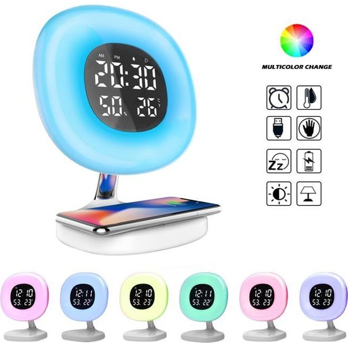 Reveil Simulateur Daube Plusieurs Sons De La Nature Simulation Du Coucher Du Soleil Et Contr/ôle Tactile Fonction Snooze Eveil Lumi/ère Lampe De R/éveil,Chargeur Sans Fil