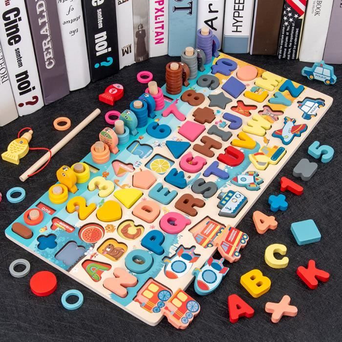 7 en 1 Puzzle Montessori en Bois pour Enfants Forme Puzzle Comptage des correspondances Jeu de Pêche pour 2 3 4 5 Ans Enfants Jouet