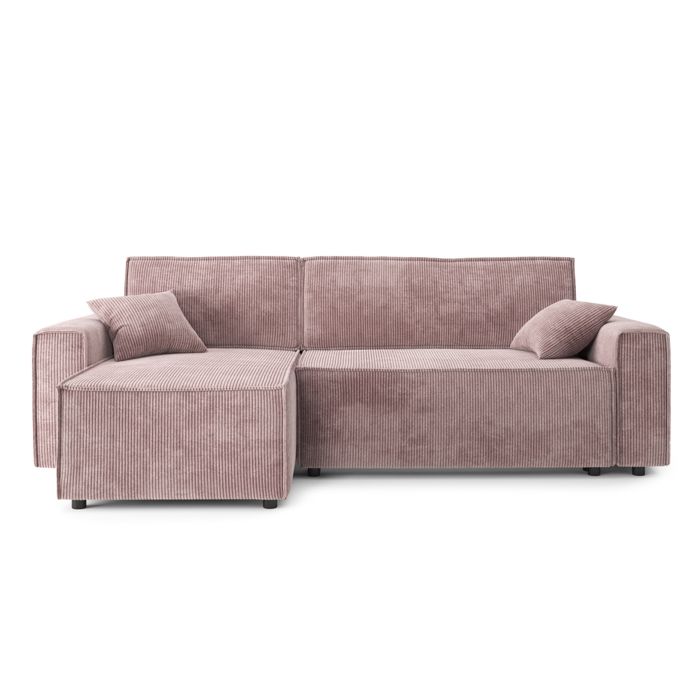 Canapé d'angle convertible MIRA - velours côtelé mauve - 252 x 140 x 85 cm - coffre de rangement
