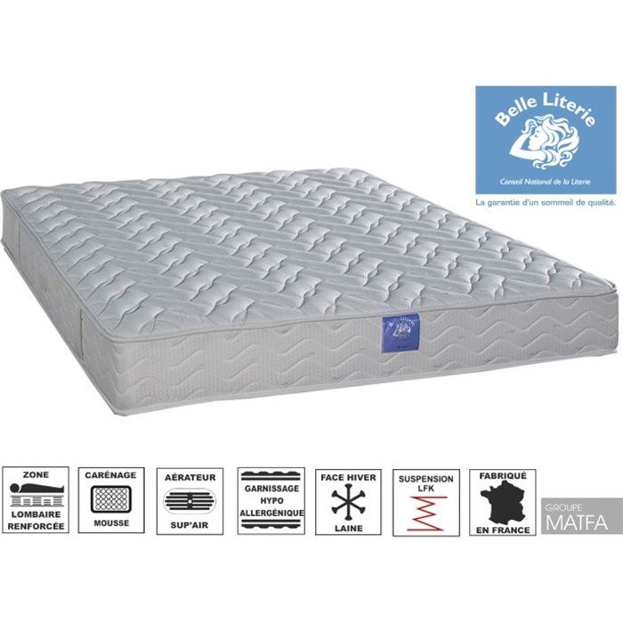 Matelas 160x200 Ressorts - Soutien ferme - Zone lombaire renforcée - BELLE LITERIE Intimité - Épaisseur 21cm - Fabriqué en France Matelas 160x200 Ressorts - Soutien ferme - Zone lombaire renforcée - BELLE LITERIE Intimité - Épaisseur 21cm - Fabriqué en France