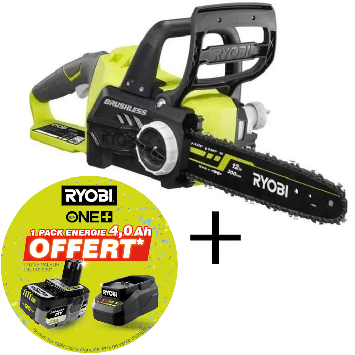 RYOBI - Tronçonneuse 18V ONE+ Brushless guide 30 cm 10 m/s + 1 Batterie 4Ah & Chargeur - OCS1830 + RC18120B-140X