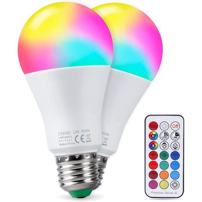 Ampoules LED Couleur 10W E27 LED Couleur Changement Dimmable RGBW Lampes avec Télécommande RGB + Blanc Froid600K(Lot de 2)