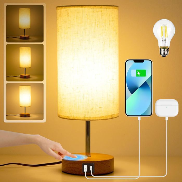 Lampe de Chevet Tactile avec Ports de Charge USB-A+CLuminosité réglableAbat-jour en Tissu de LinLampe Table pour Chambrer Salon