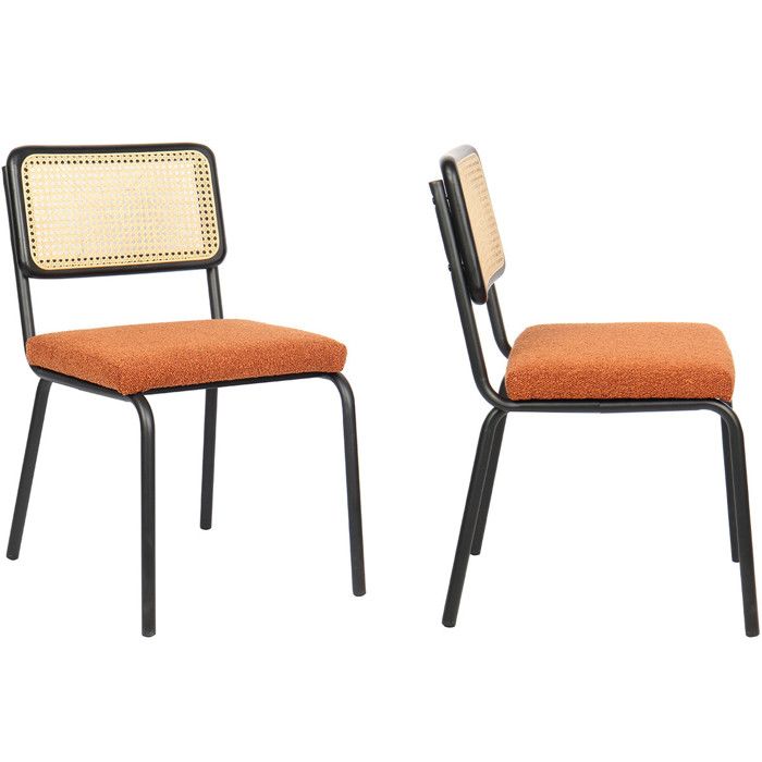 Lot de 2 chaises en métal et bois noir cannage naturel et tissu bouclé rouille - Paula Lot de 2 chaises en métal et bois noir cannage naturel et tissu bouclé rouille - Paula