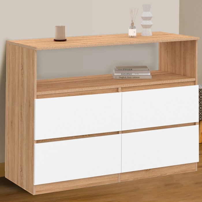 IDMARKET Commode 4 tiroirs TOMI 100 cm avec niche façon hêtre et blanc IDMARKET Commode 4 tiroirs TOMI 100 cm avec niche façon hêtre et blanc