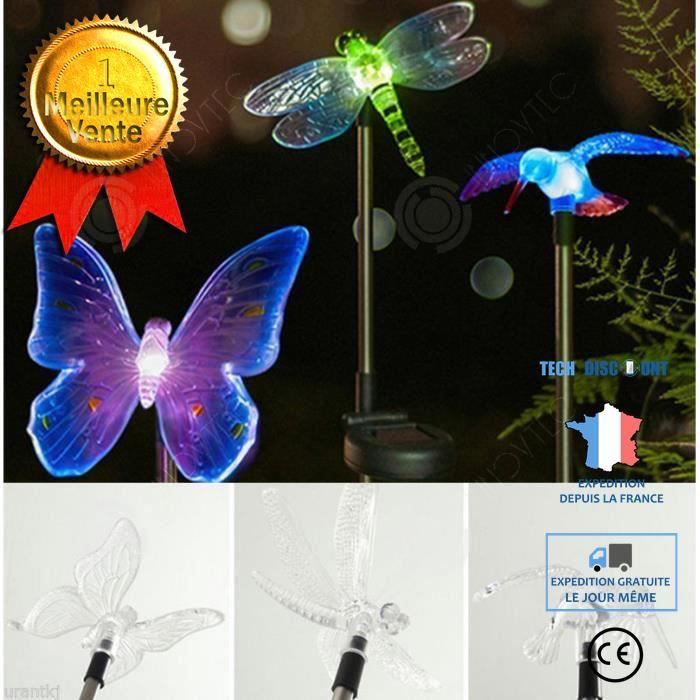 INN® Lot de 3 lampe solaire extérieur jardin décorative à planter haute balcon lumières multi couleurs LED papillon oiseau