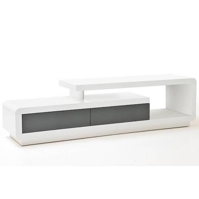 meuble tv design corto 2 tiroirs finition laquée blanc et gris brillant blanc bois inside75