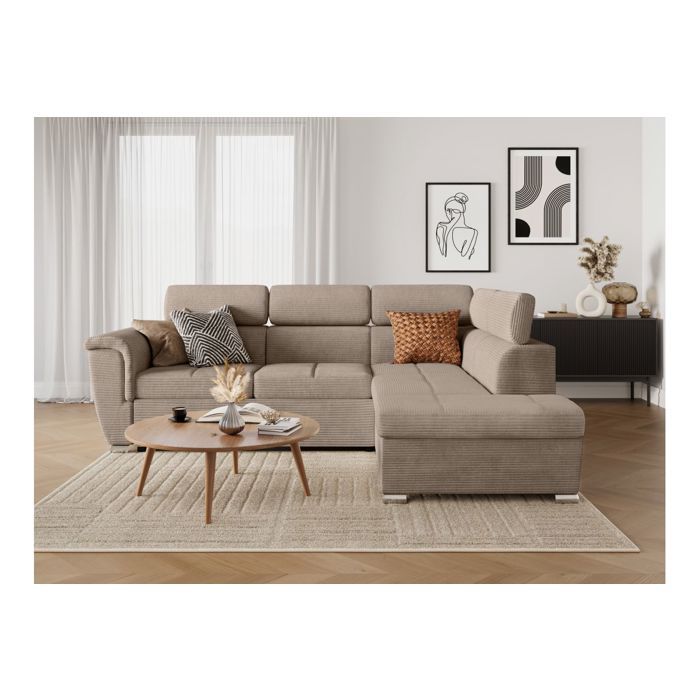 Canapé dangle droit 4 places PAOLA convertible avec coffre en velours côtelé - Taupe - L252 x P188 x H76cm - LOUNGITUDE Canapé dangle droit 4 places PAOLA convertible avec coffre en velours côtelé - Taupe - L252 x P188 x H76cm - LOUNGITUDE