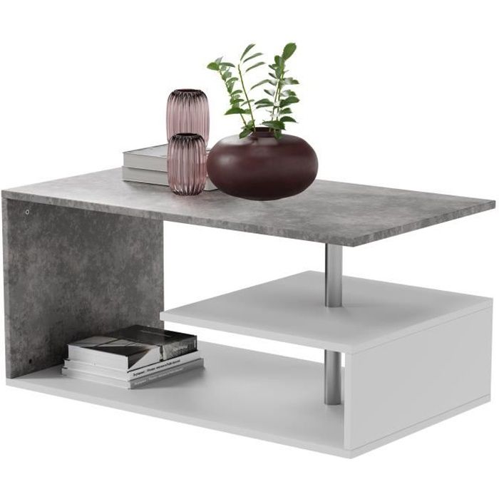 table basse miadomodo - blanc/imitation béton - design moderne - plusieurs niveaux - 90x50x41 cm