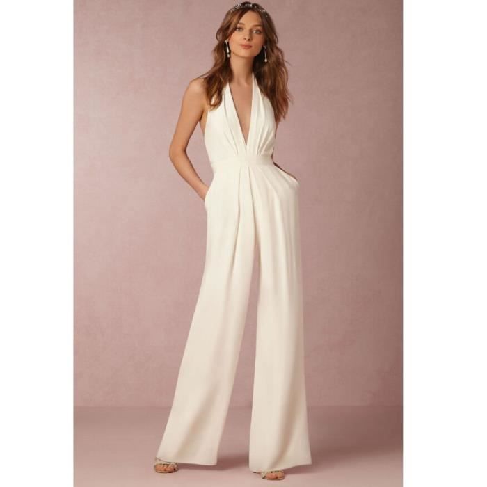 Europeen Loisir Combinaison Femme Couleur Unie Sans Manches Cou V Profond Dos nu Combinaison Sexy Longue En vrac Combinaison