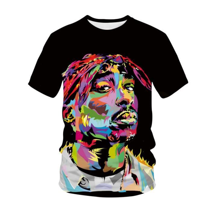 T-shirt imprimé en 3D - Tupac pour hommes-femmes - Noir-Gris-clair