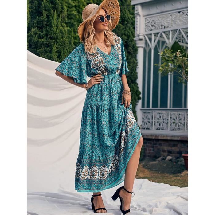 Femmes Robe ??t?� Mi-Longue Manches Courtes Robe Col En O Robes Casual ??t?� Plage Floral Robe De 