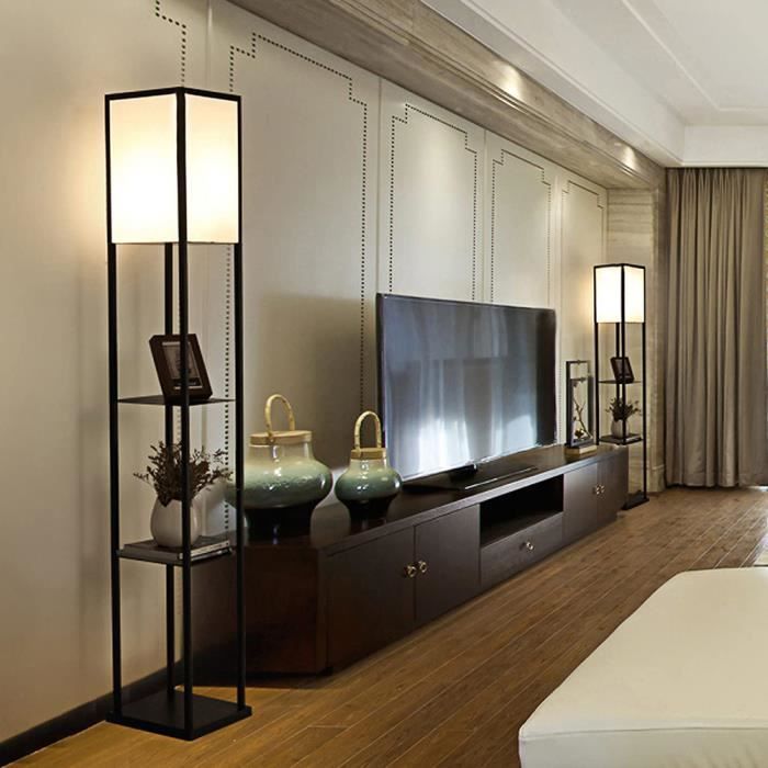 HSTURYZ Lampadaire sur Pied 159 cm en Bois avec 3 Etagères et Abat-jour en Tissu Idéal pour Salon et Chambre