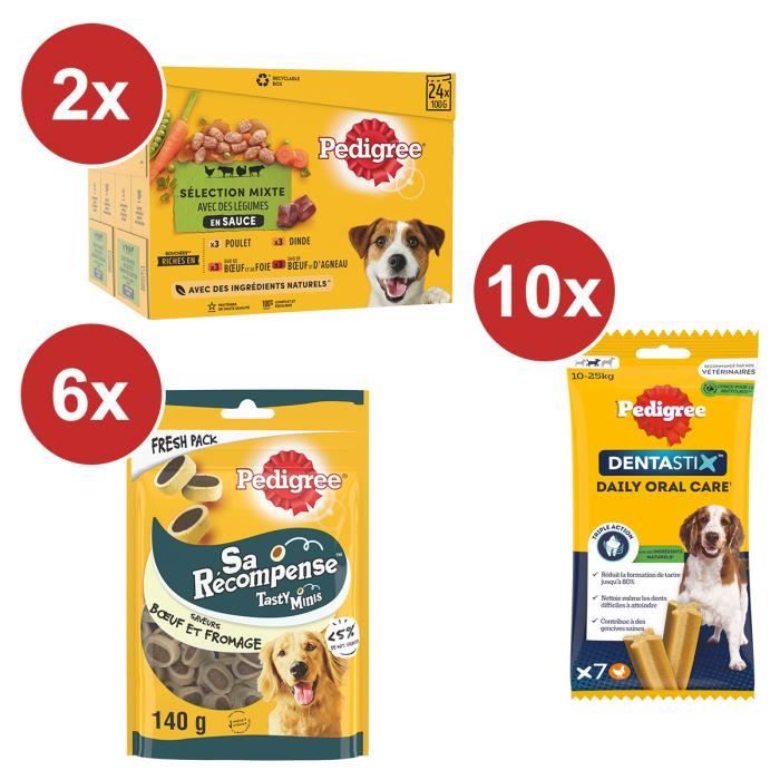 Meilleurs prix pour PEDIGREE - Box moyen chien - 70 Dentastix + Repas (48x100g) + Friandises (6x140g)