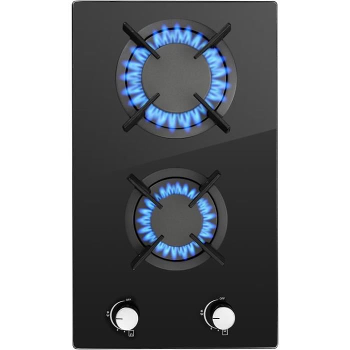 Plaque De Cuisson Gaz 2 Feux SNDOAS - Verre Trempé Noir - Puissance 2400W + 1800W - Sécurité Thermocouple - Compatible Gaz Naturel/propane - 30 Cm