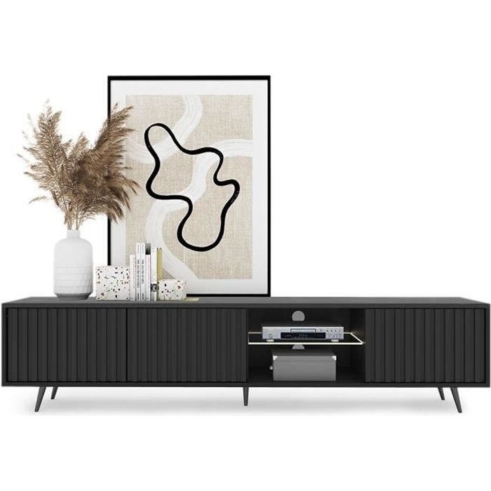 Meuble TV - BELLO - 175 cm noir façades à lamelles et pieds noirs