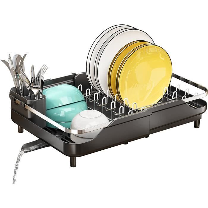 Égouttoir à Vaisselle 2 Niveaux Détachable SAYZH - Grande Capacité, Porte-Ustensiles & Porte-Tasses, Drainage Rapide, Noir Mat Cuisine