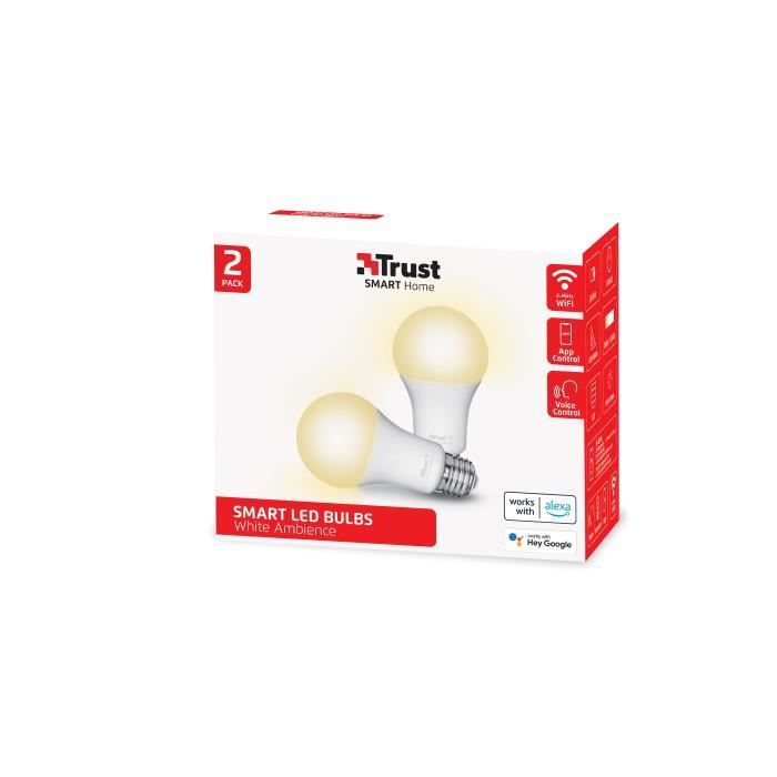 Trust Ampoule LED Connectée E27 Compatible avec Alexa et Google Home, Sans Hub, WiFi 2.4GHz Dimmable Lumière Blanche – Lot de 2
